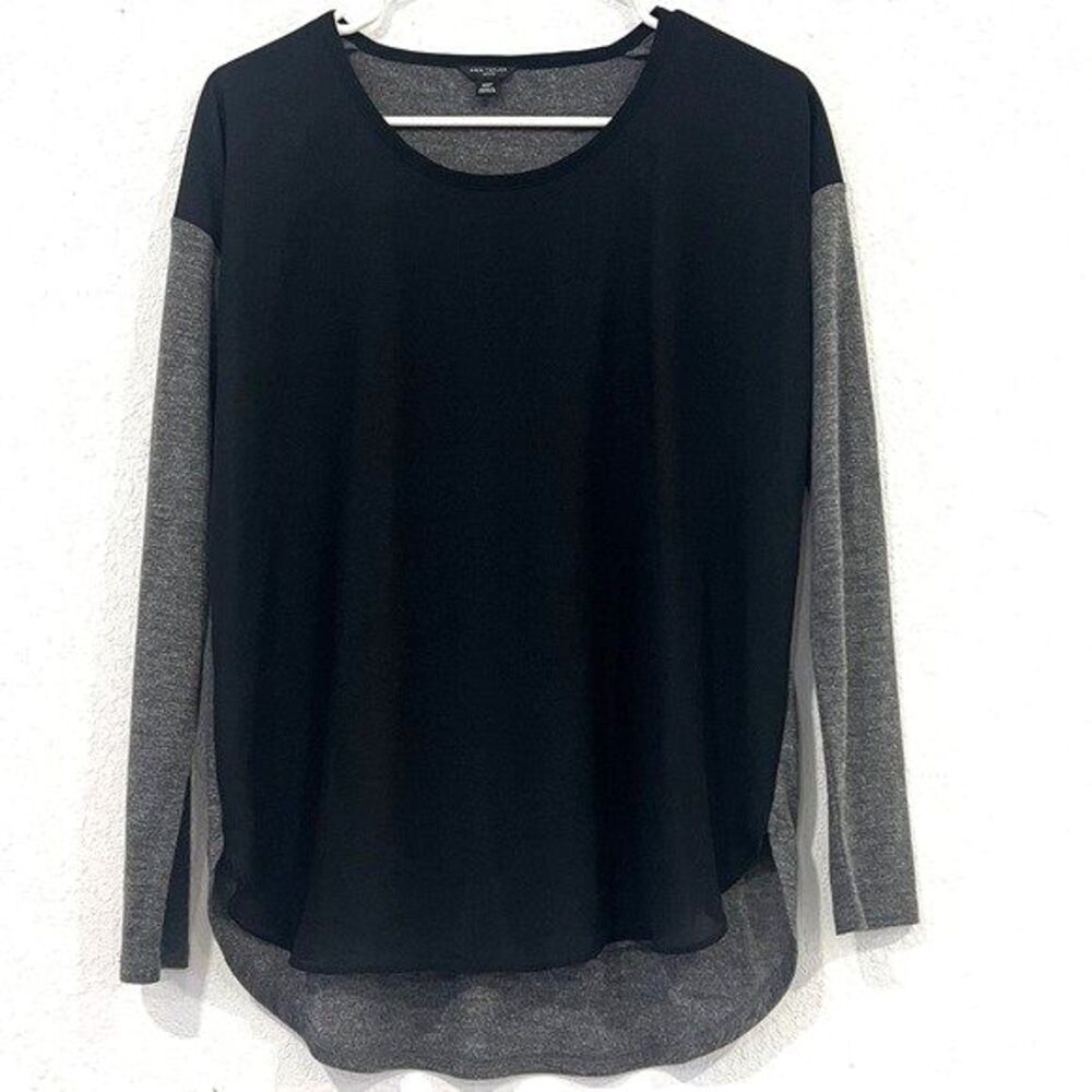 Ann Taylor Petite Womens Black and Grey Long Sleeve Top Size Medium Petite